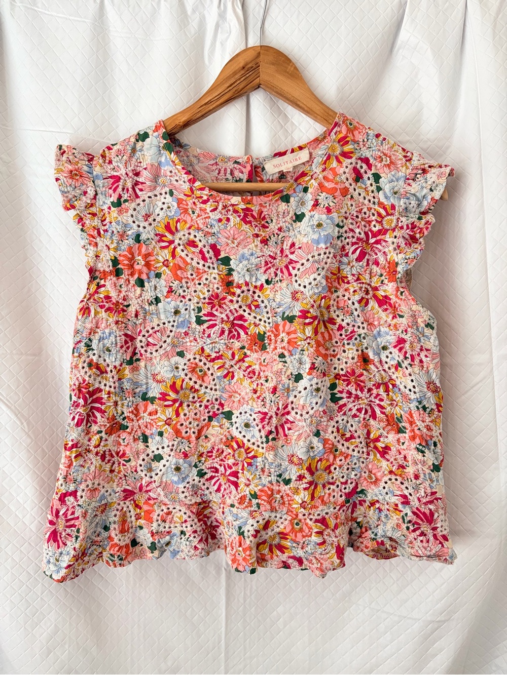Solitaire Pink Multi Floral Eyelet Ruffle Sleeve Tank
